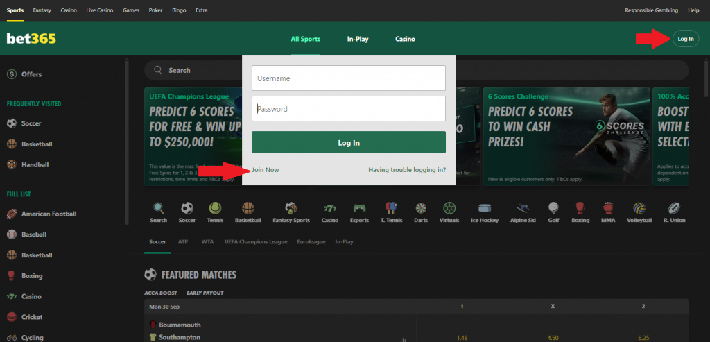 Bet365 прв чекор на регистрација